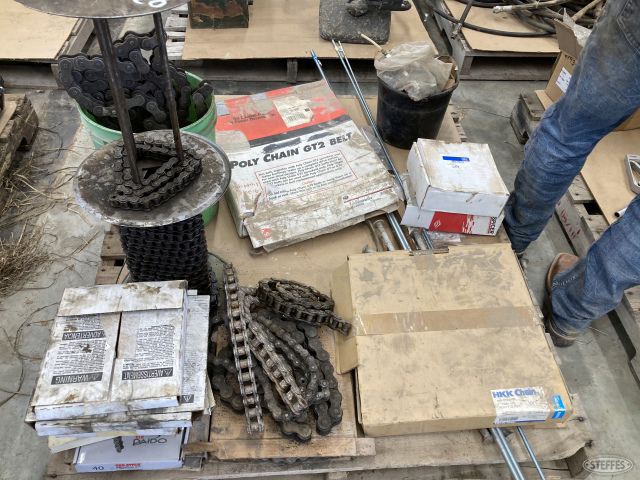 Pallet of new roller chain, u joints, ready and sickle sections